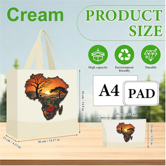 Cream Handmade African Sunset Canvas Tote Bag & Matching Zipper Pouch Set.