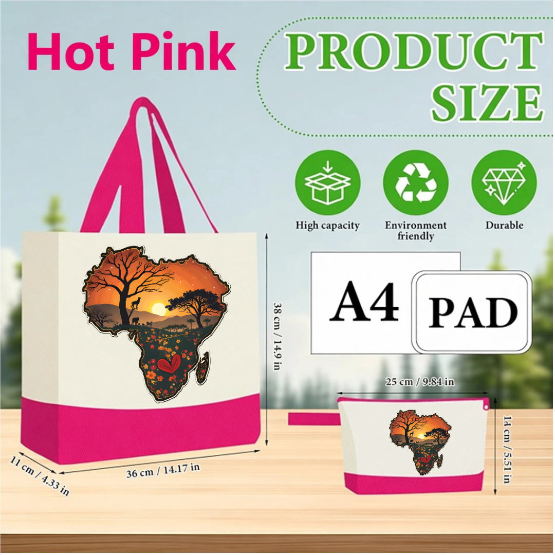 Bright Green Handmade African Sunset Canvas Tote Bag & Matching Zipper Pouch Set.