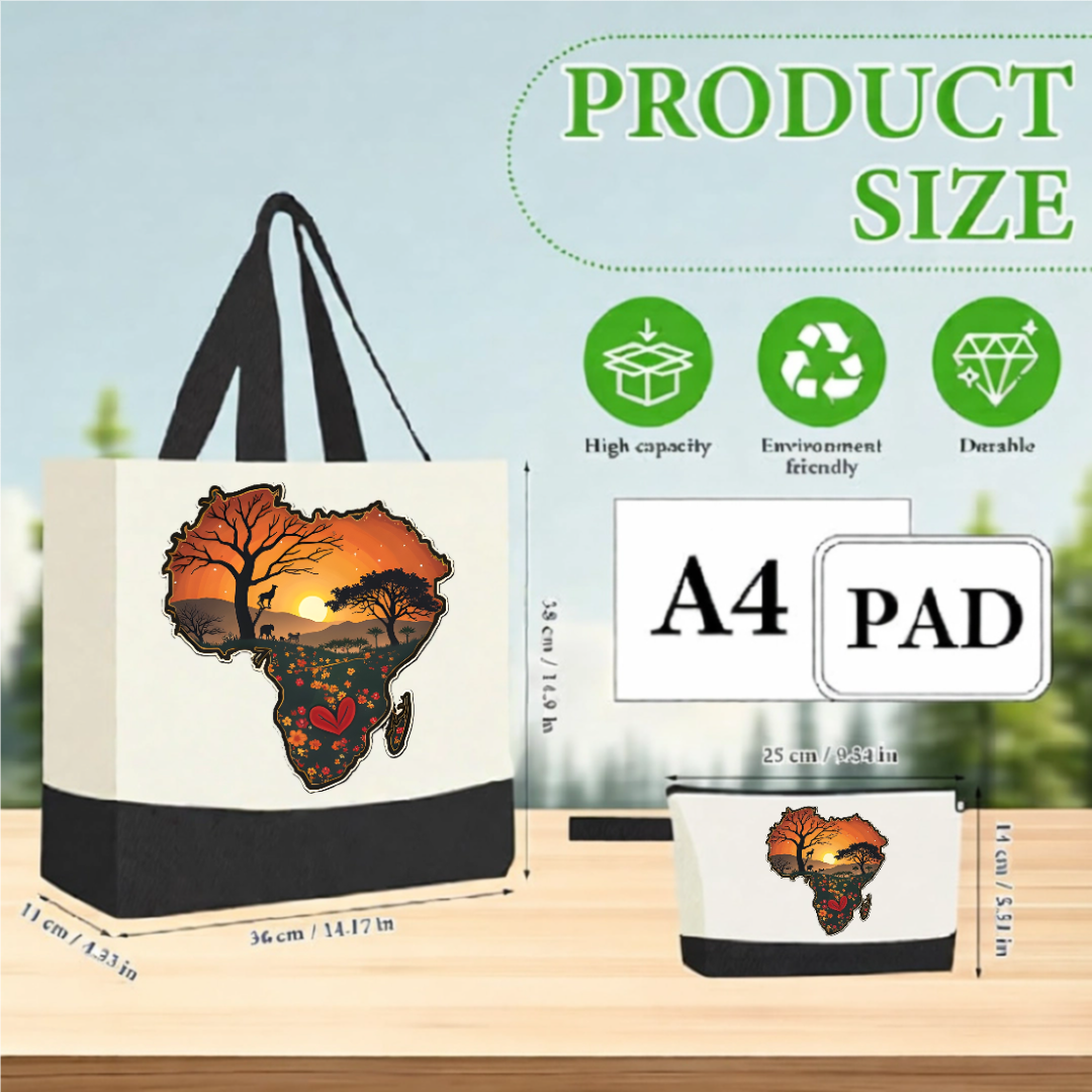 Bright Green Handmade African Sunset Canvas Tote Bag & Matching Zipper Pouch Set.
