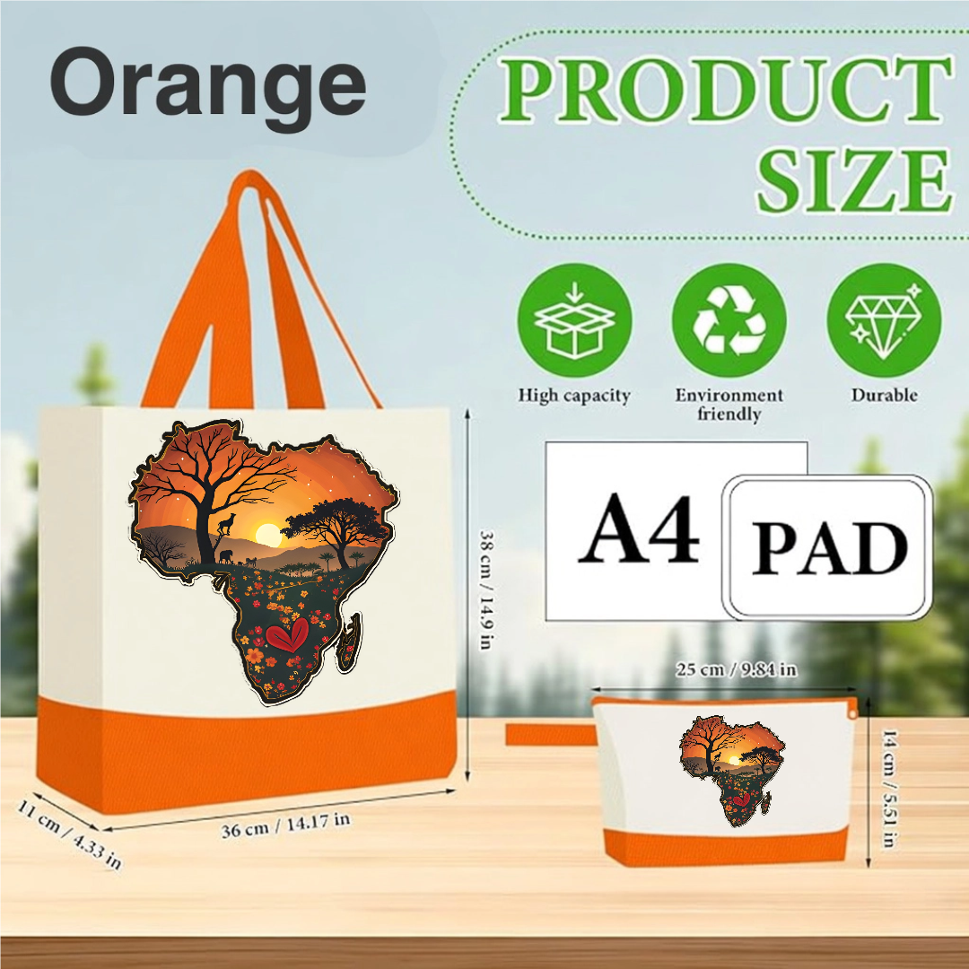 Bright Green Handmade African Sunset Canvas Tote Bag & Matching Zipper Pouch Set.