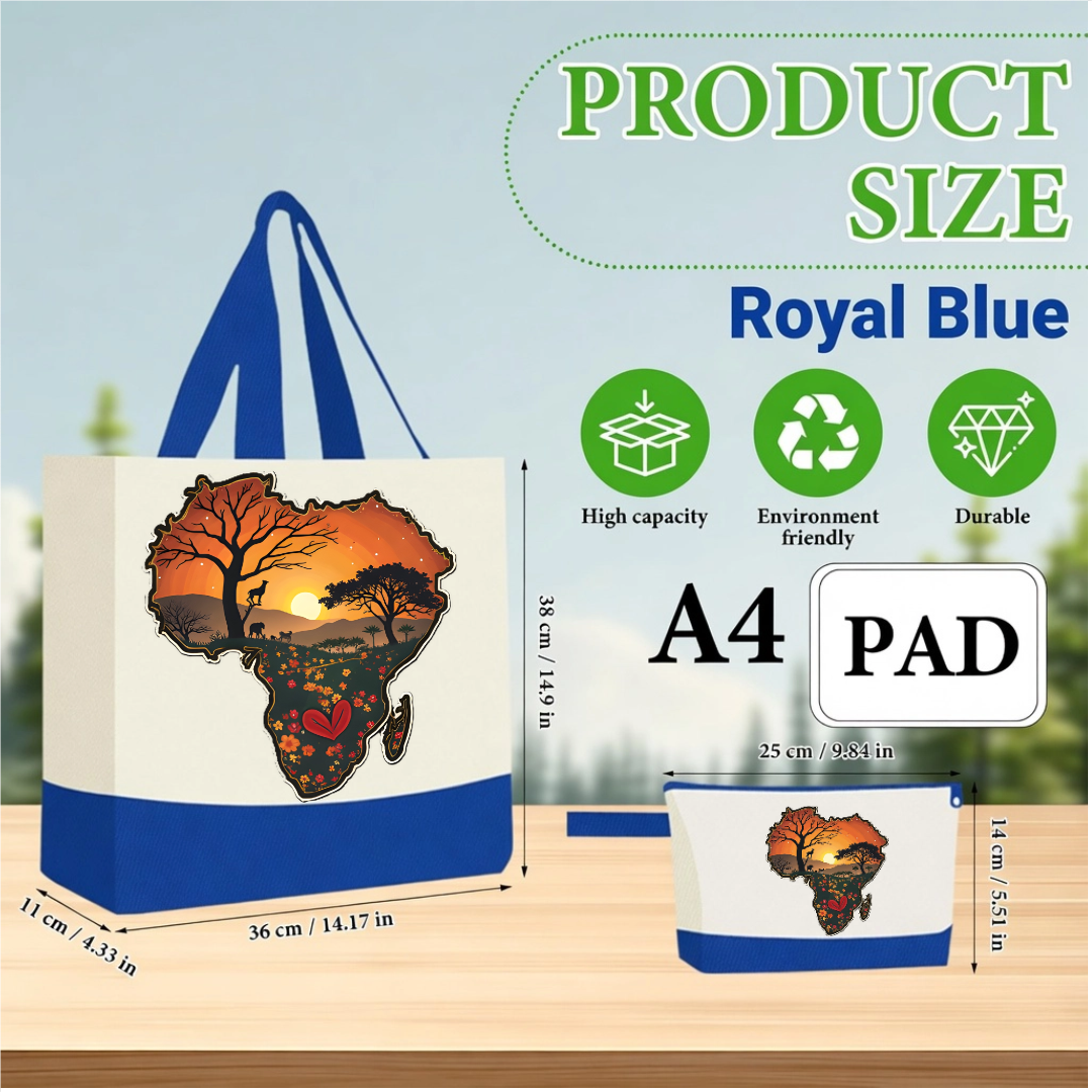 Bright Green Handmade African Sunset Canvas Tote Bag & Matching Zipper Pouch Set.