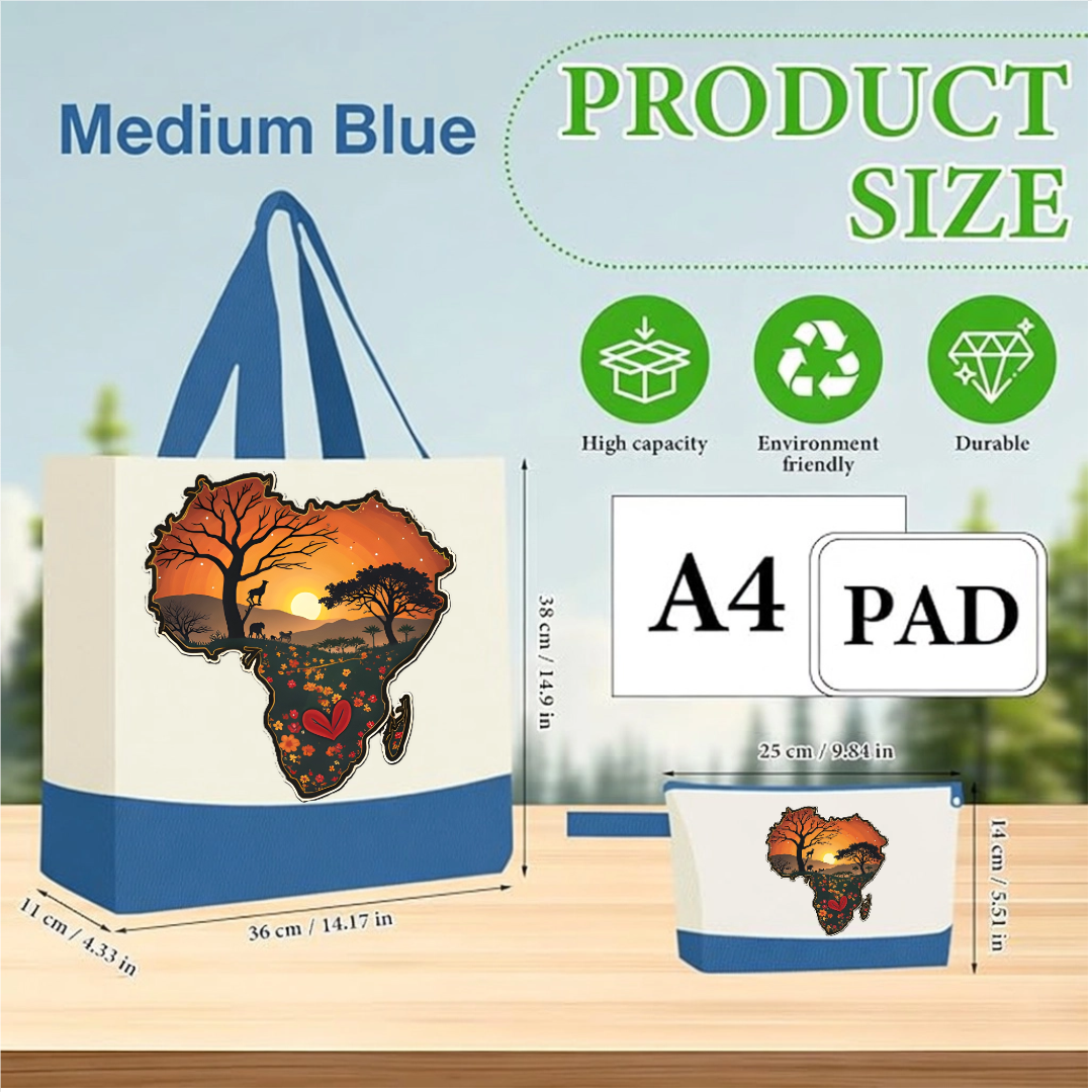 Bright Green Handmade African Sunset Canvas Tote Bag & Matching Zipper Pouch Set.