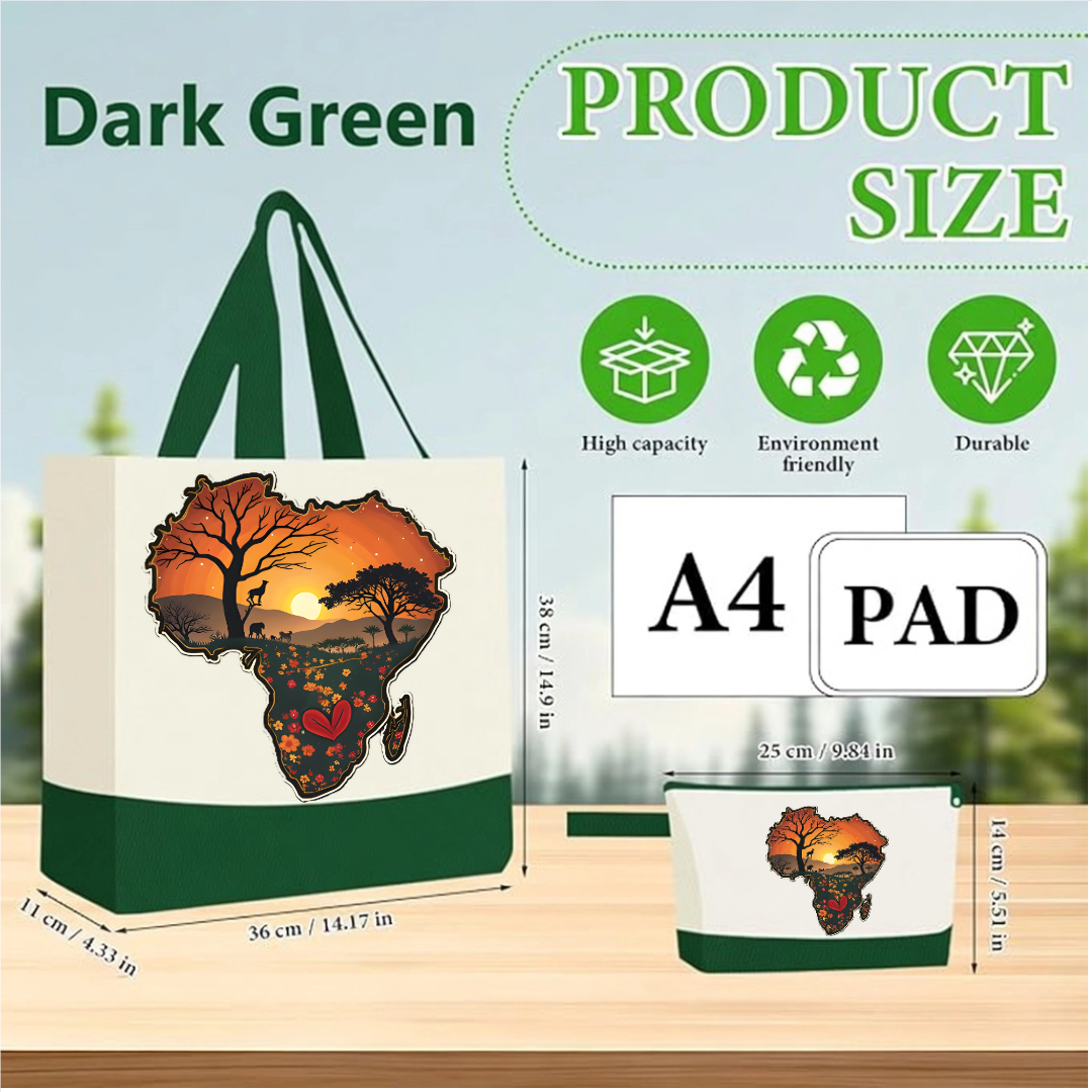 Bright Green Handmade African Sunset Canvas Tote Bag & Matching Zipper Pouch Set.