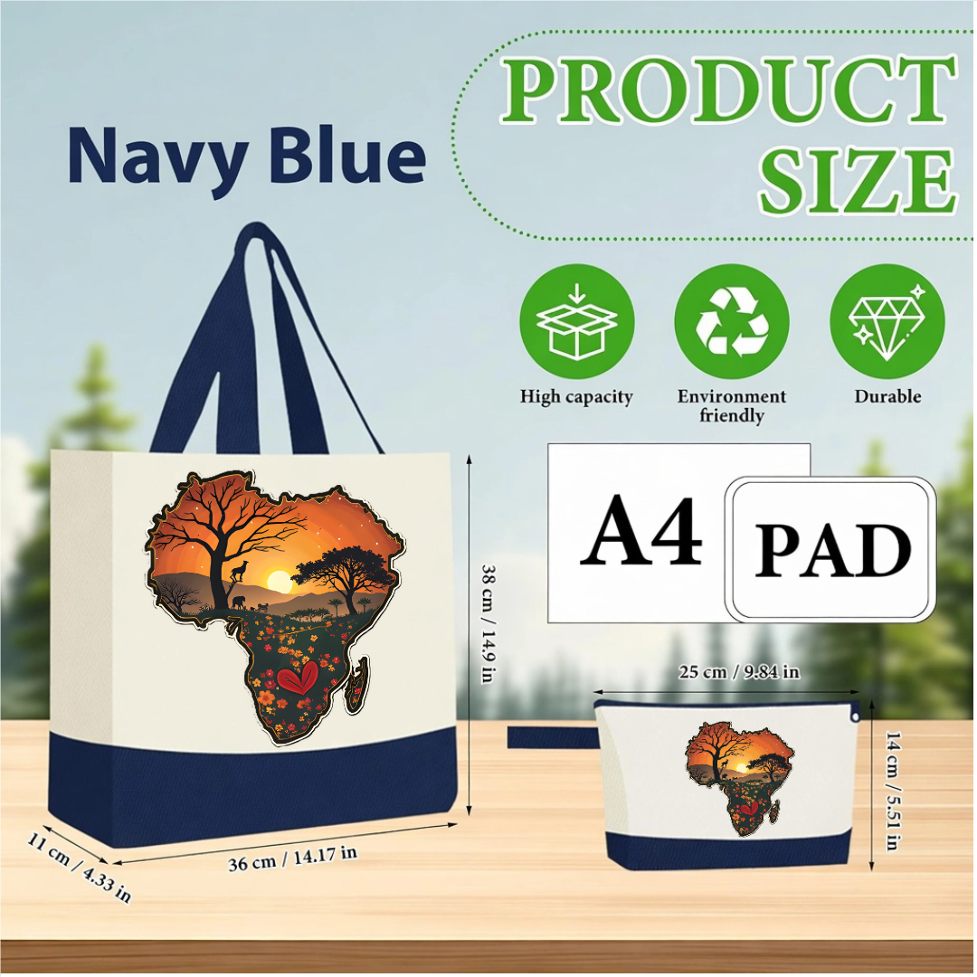 Bright Green Handmade African Sunset Canvas Tote Bag & Matching Zipper Pouch Set.