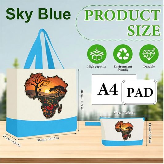 Sky blue Handmade African Sunset Canvas Tote Bag & Matching Zipper Pouch Set.