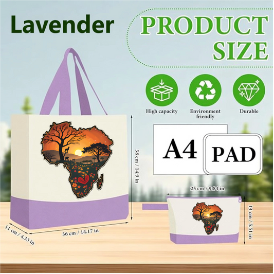 Lavender Handmade African Sunset Canvas Tote Bag & Matching Zipper Pouch Set