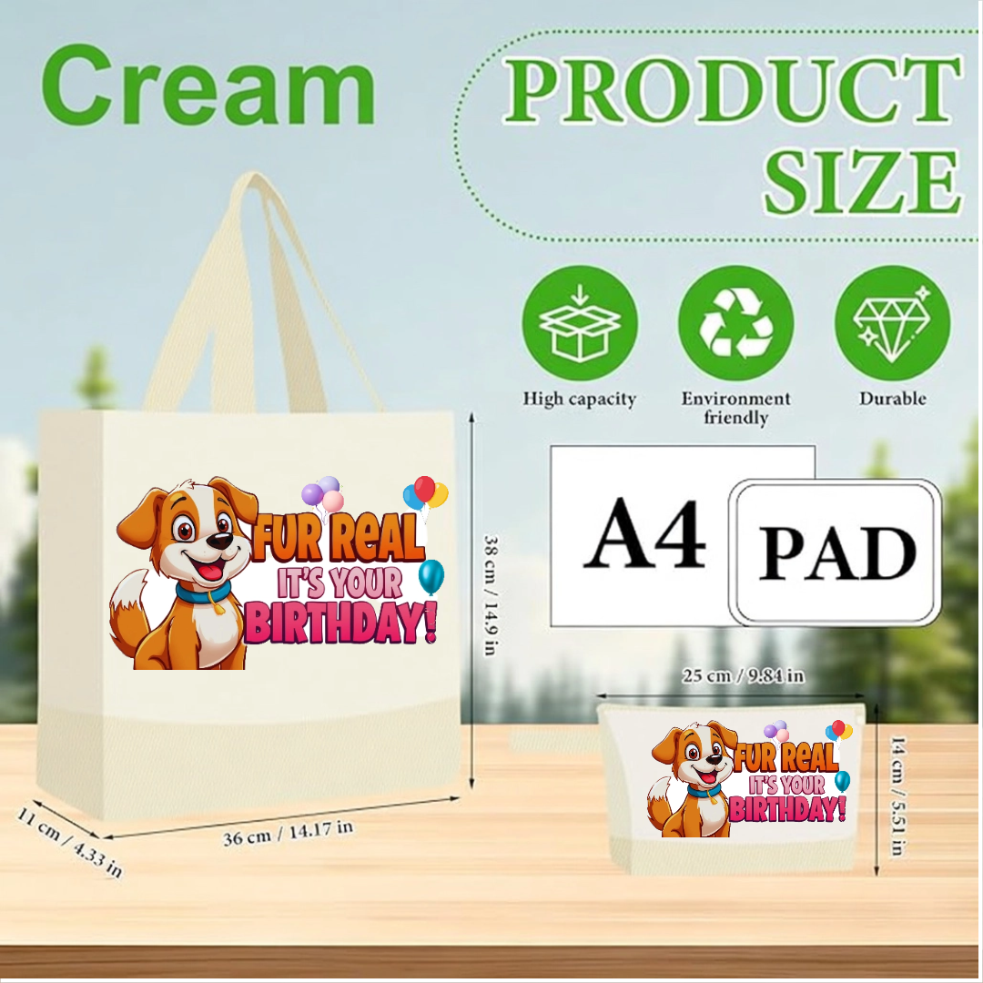 Cream-colored tote bag with cartoon dog design and product size information on a light blue background.