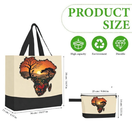Black Handmade African Sunset Canvas Tote Bag & Matching Zipper Pouch Set