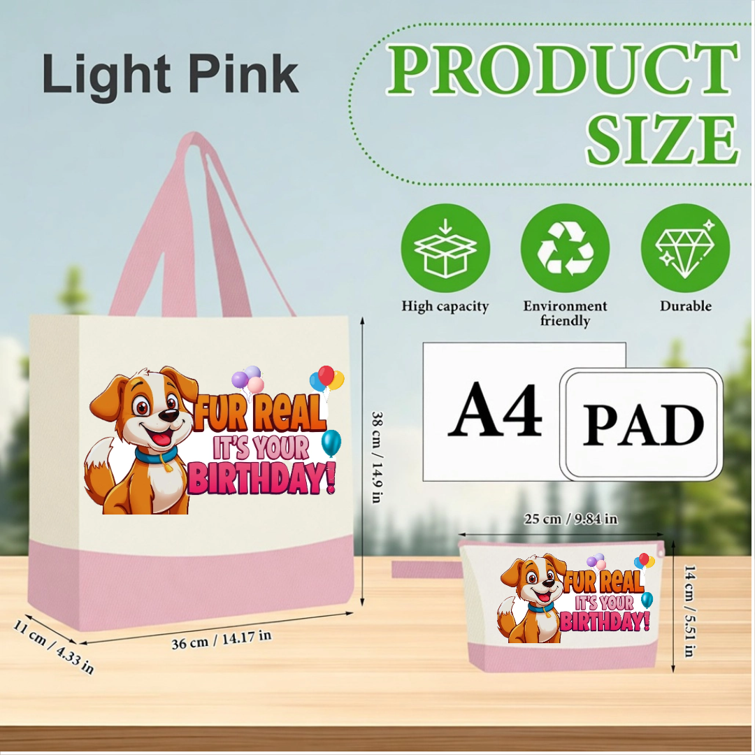 Light pink tote bag with cartoon dog and text, product size chart, and icons indicating capacity, environment friendliness, and durability.