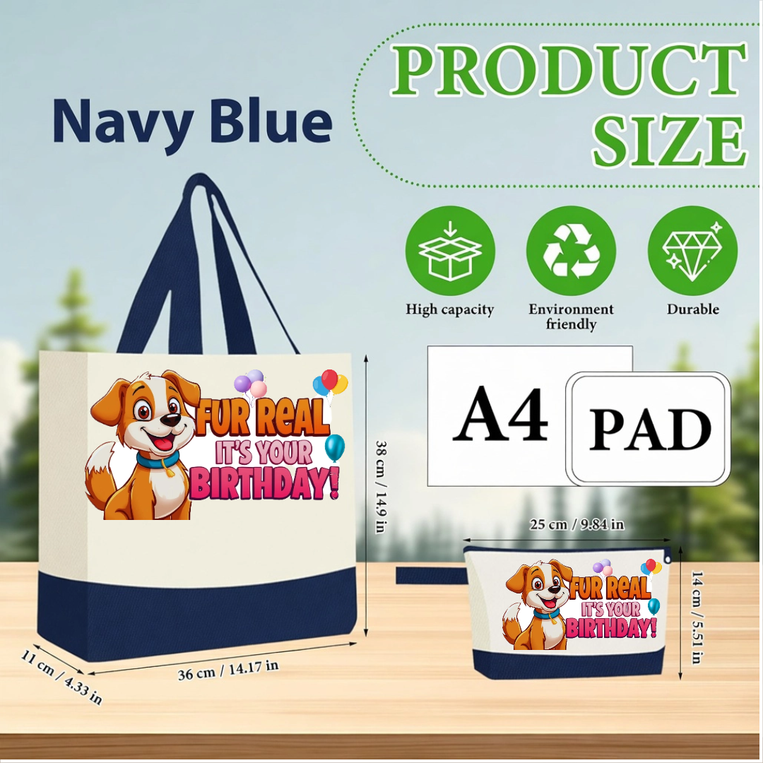 Navy blue tote bag with cartoon dog design and product size information on a wooden surface.