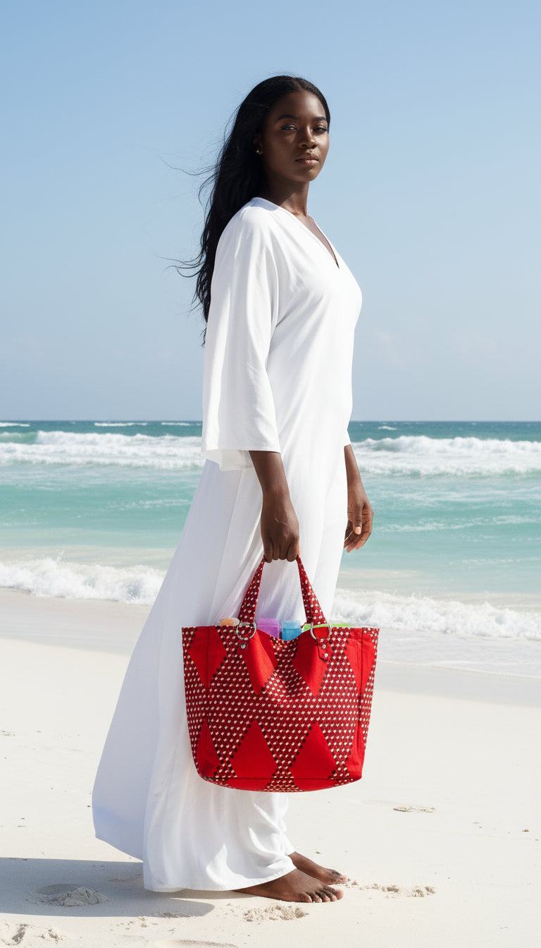 Handmade African Print Tote Bag –  Large Capacity 40cm – With Front Pocket | Everyday Shopping & Travel Bag