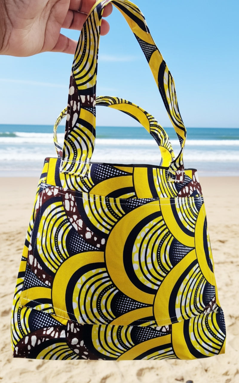 African Heritage Tote Bag. Yellow hues Handmade Fabric Shoulder Bag for Women