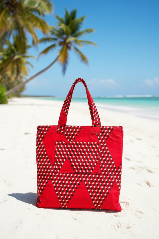 Handmade African Print Tote Bag –  Large Capacity 40cm – With Front Pocket | Everyday Shopping & Travel Bag