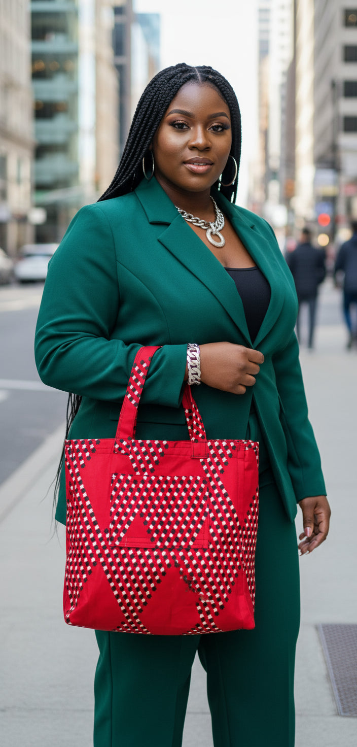 Handmade African Print Tote Bag –  Large Capacity 40cm – With Front Pocket | Everyday Shopping & Travel Bag