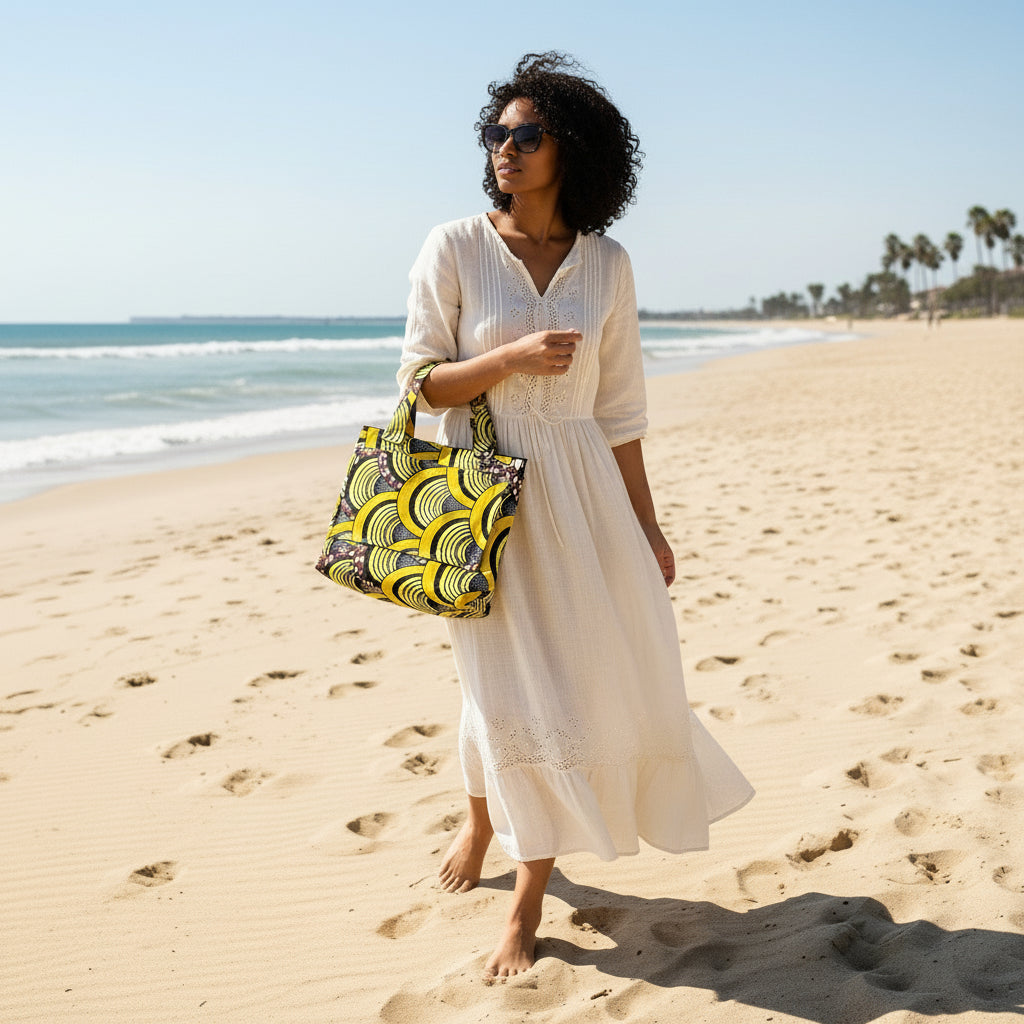 African Heritage Tote Bag. Yellow hues Handmade Fabric Shoulder Bag for Women